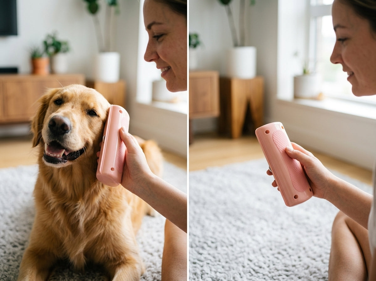 Self-cleaning pet grooming tool — Lifestyle - Pet With Owner | Generated by Modelize